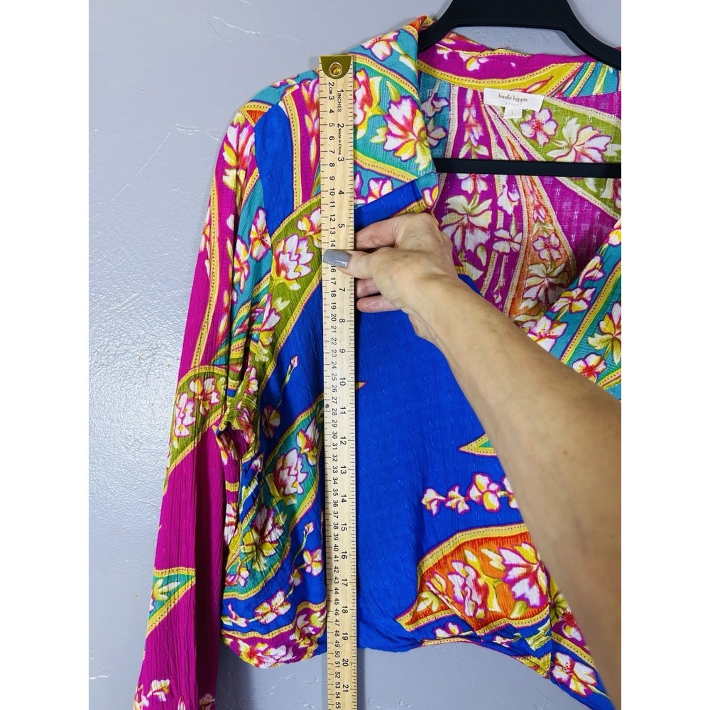Haute Hippie colorful spring blouse cross-closure front tropical print Size L - Picture 12 of 12